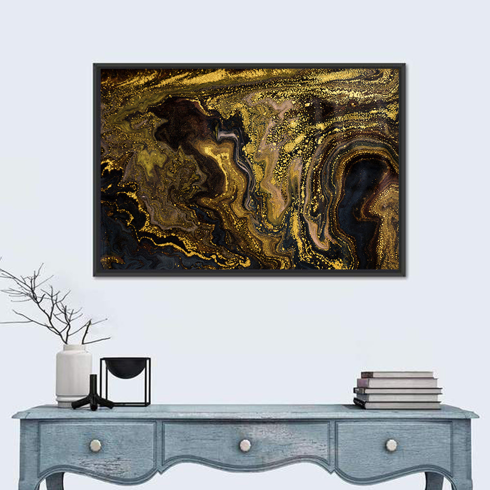 Black and Gold Marble Abstraction Wall Art in a room, landscape