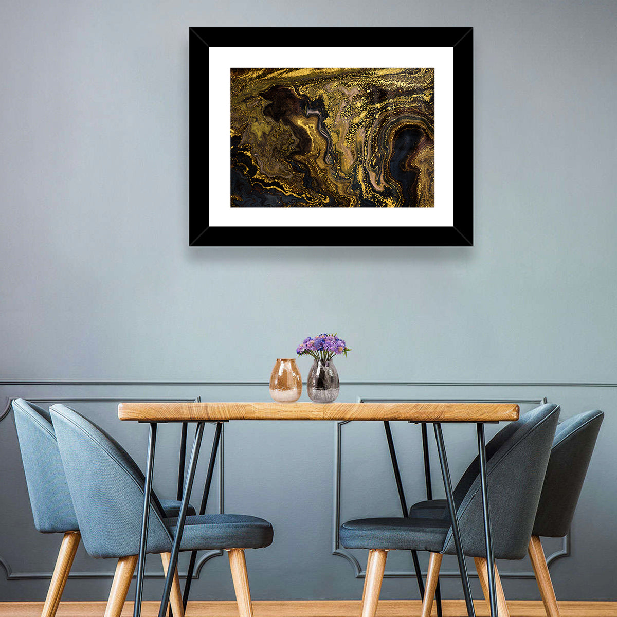 Black and Gold Marble Abstraction Wall Art in a room, landscape