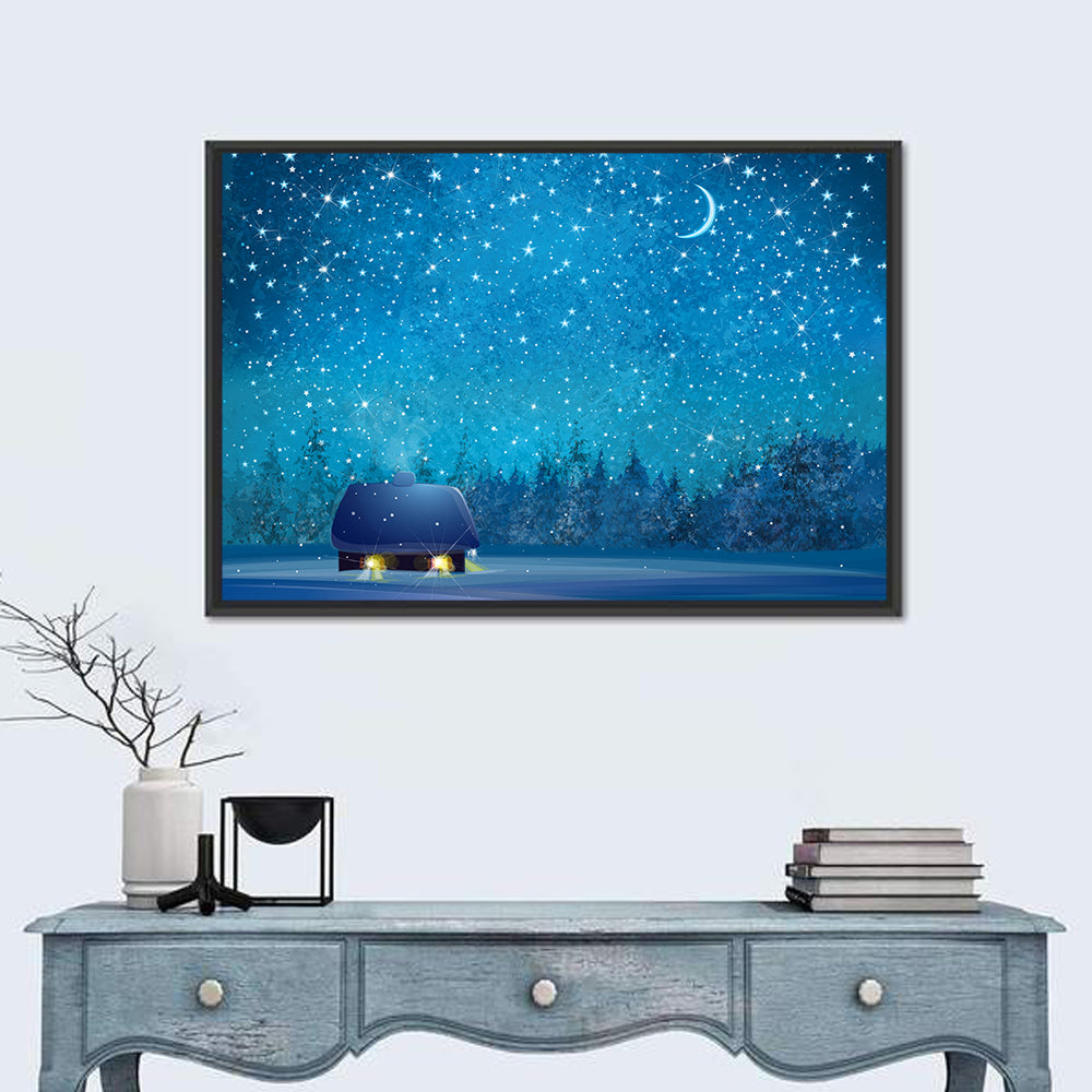 Winter Cottage Under Crescent Moon Wall Art in a room, landscape