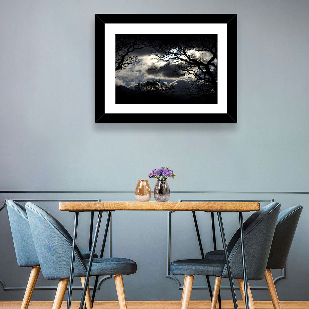 Storm Clouds Over Silhouetted Trees Wall Art in a room, landscape