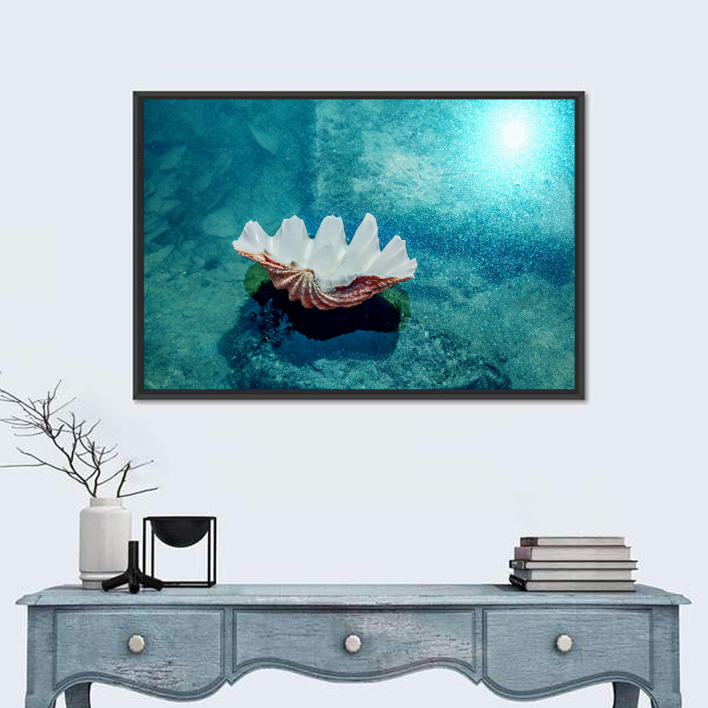 Giant Clam Shell Wall Art in a room, landscape