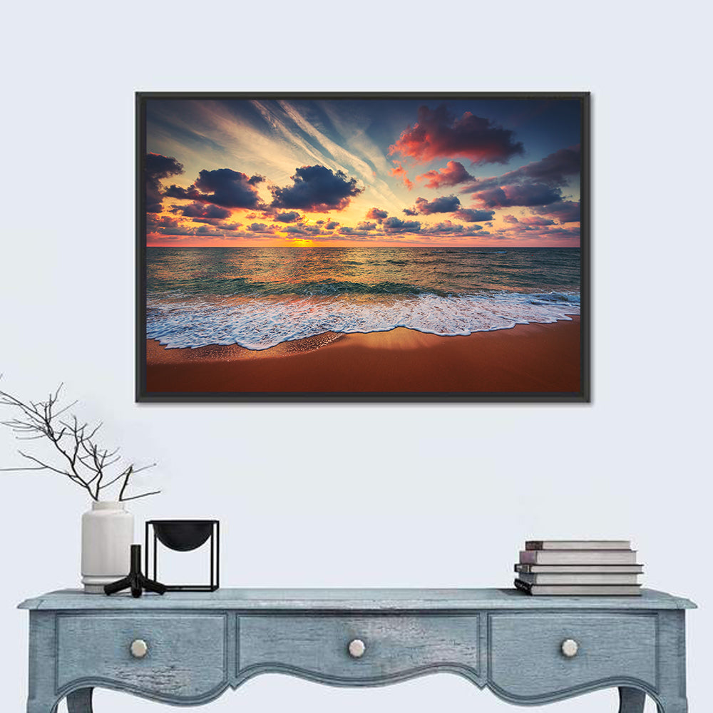 Golden Hour Beach Waves Under Cloudy Sky Wall Art in a room, landscape