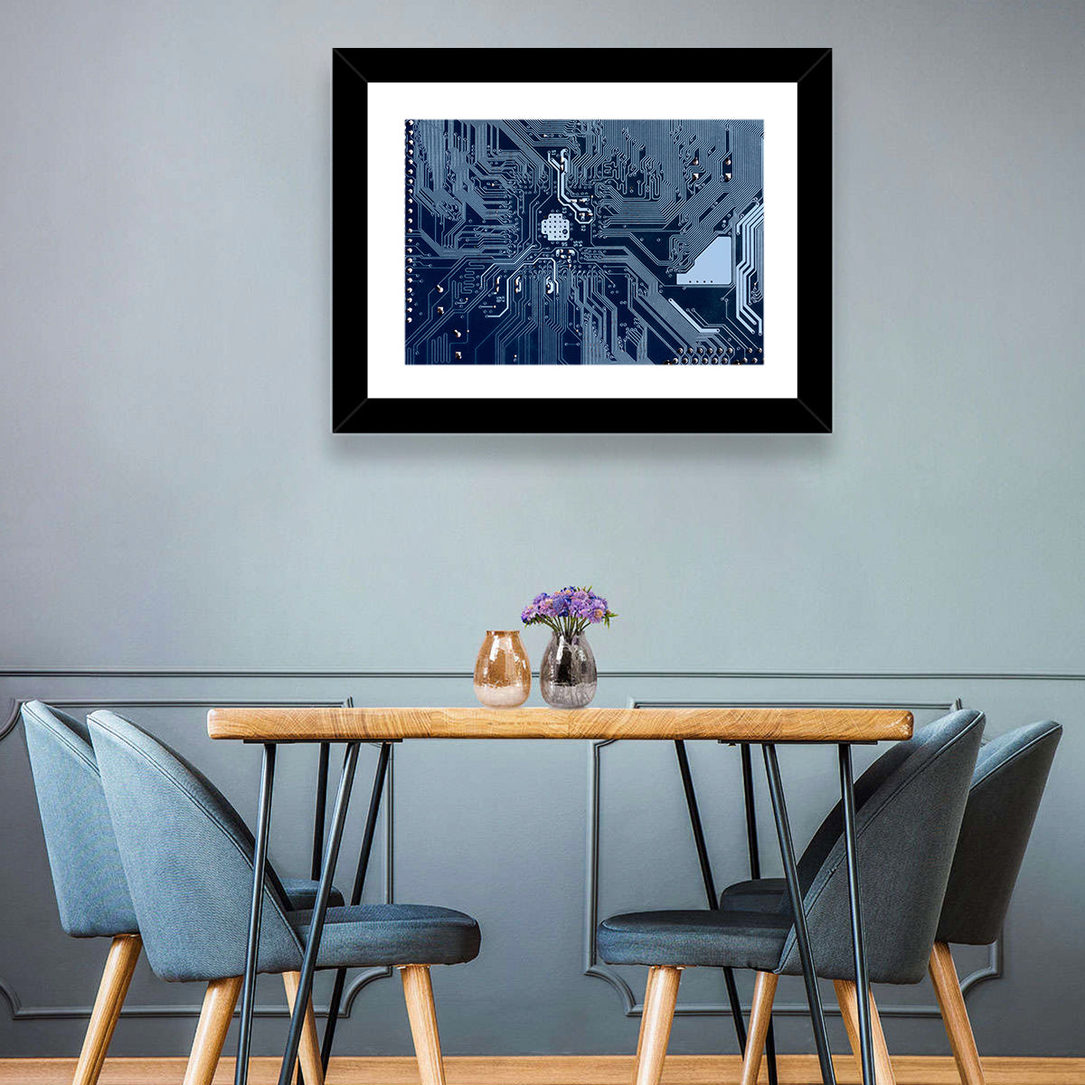 Blue Circuit Board Wall Art in a room, landscape