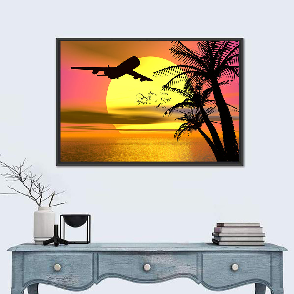 Wide-body Airplane Over Caribbean Dusk Wall Art in a room, landscape