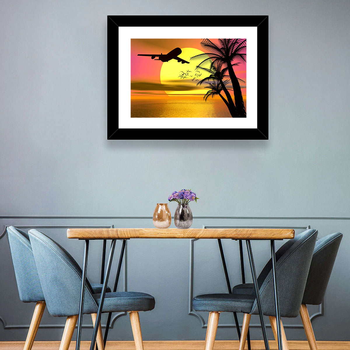 Wide-body Airplane Over Caribbean Dusk Wall Art in a room, landscape