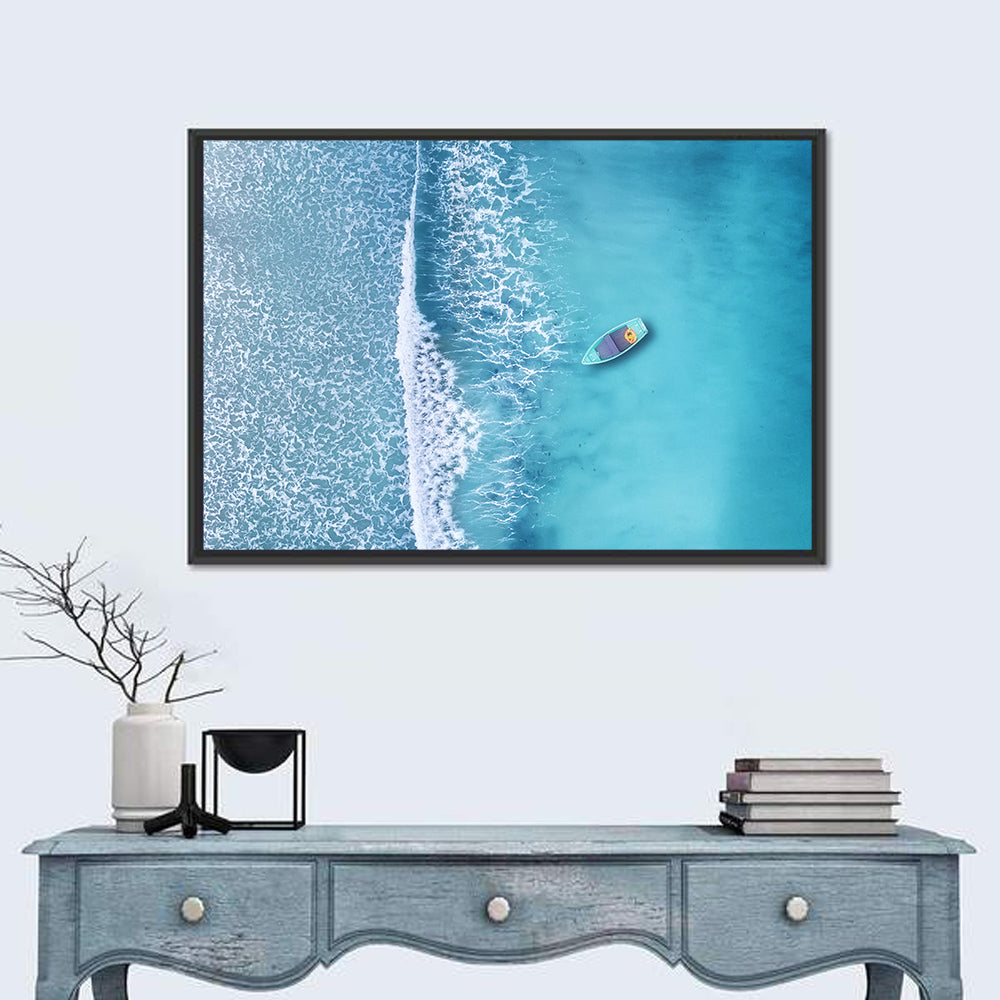 Lone Boat Over Turquoise Waves Wall Art