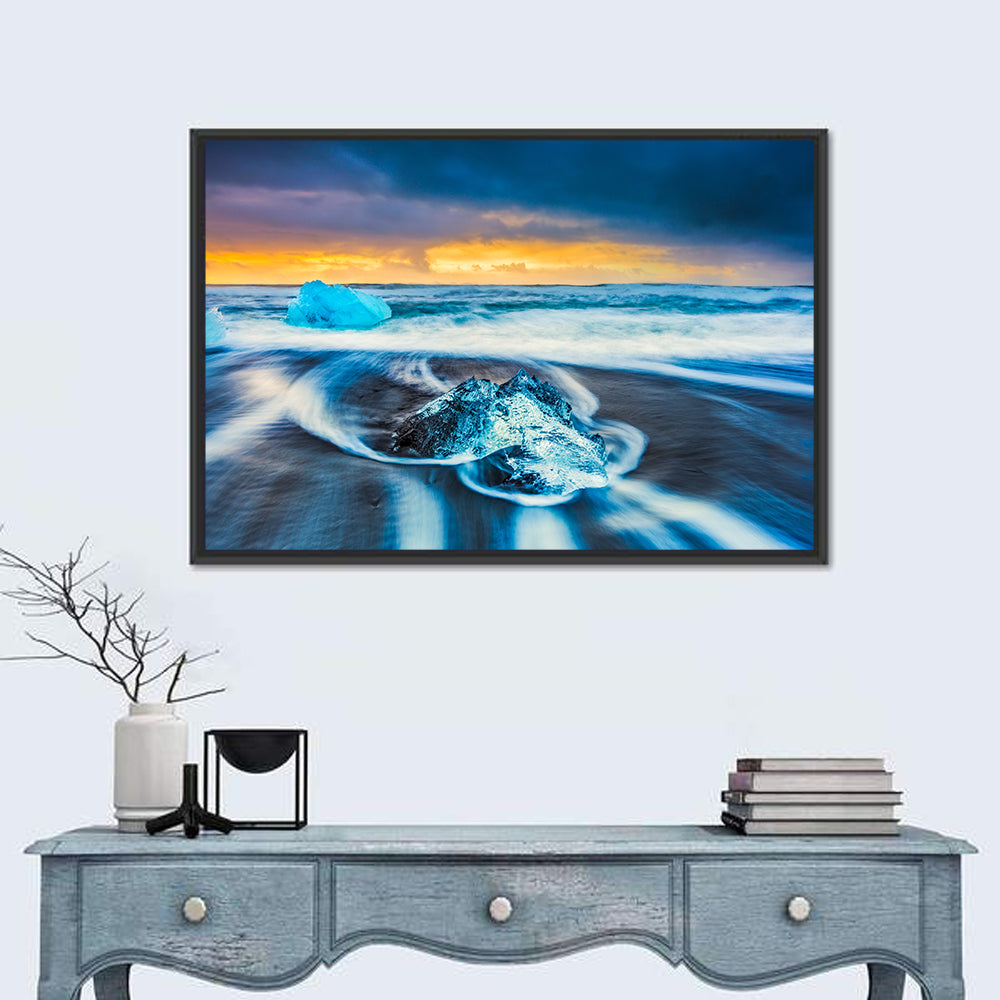 Diamond Beach Ice at Dusk Wall Art in a room, landscape