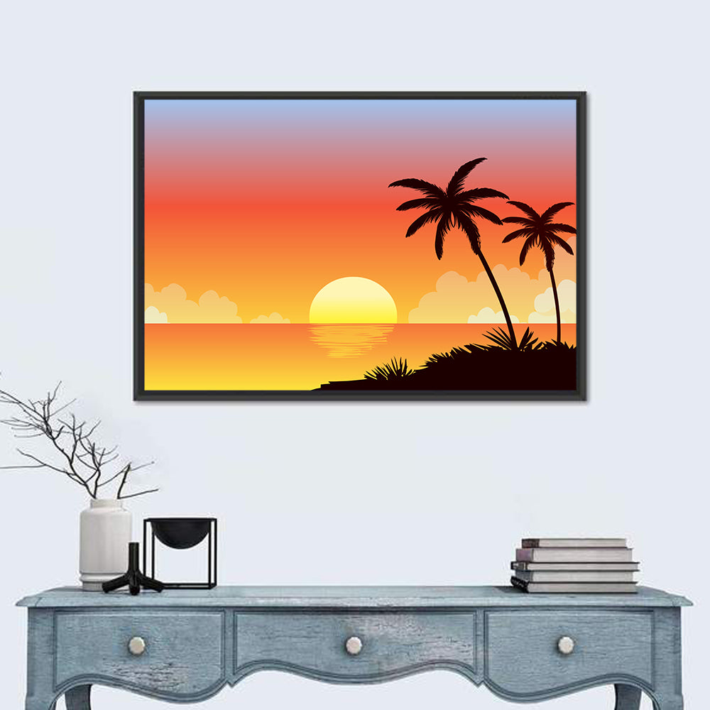 Tropical Beach Sunset Illustration Wall Art in a room, landscape