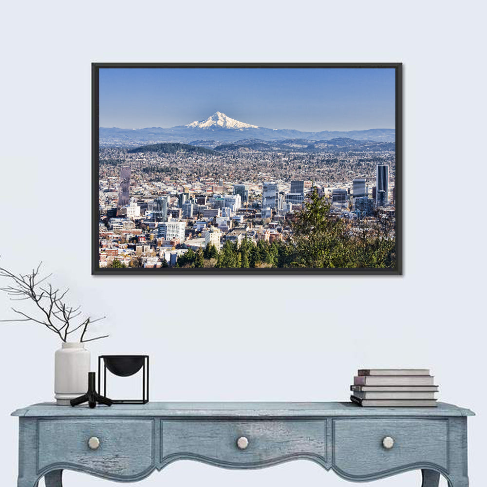 Portland Skyline with Mount Hood Wall Art in a room, landscape