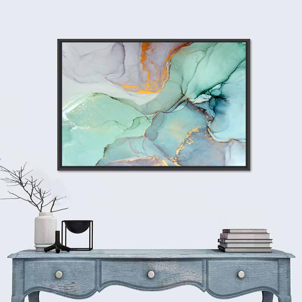 Teal Marble Geometric Abstract Wall Art in a room, landscape