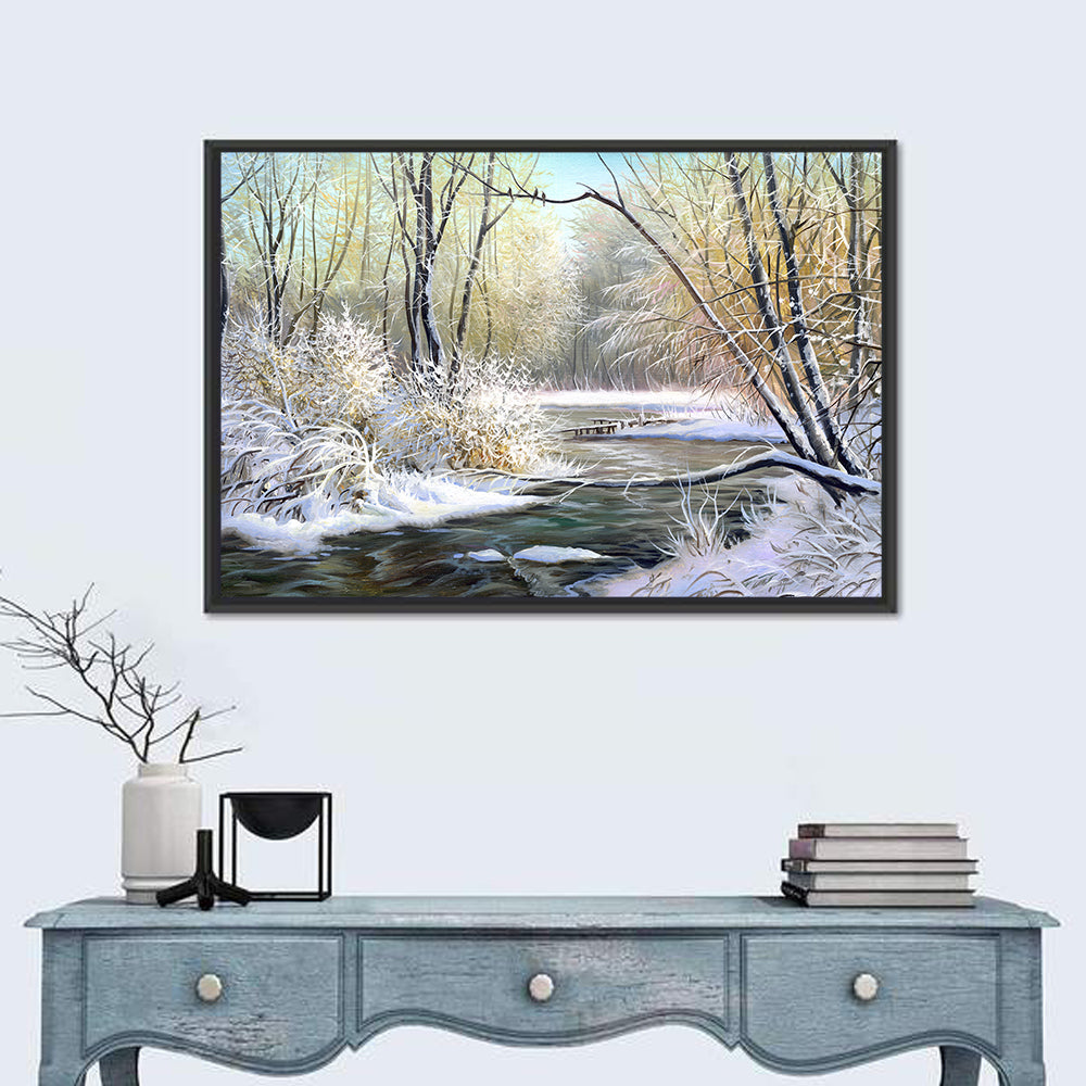 Frozen River with Perched Birds Wall Art in a room, landscape