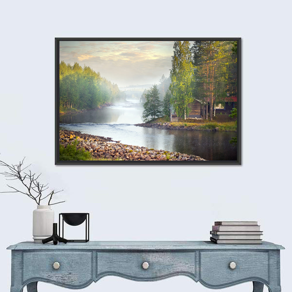 Misty River with Red Roof Cabin Wall Art in a room, landscape