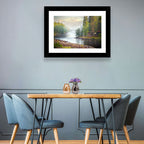 Misty River with Red Roof Cabin Wall Art