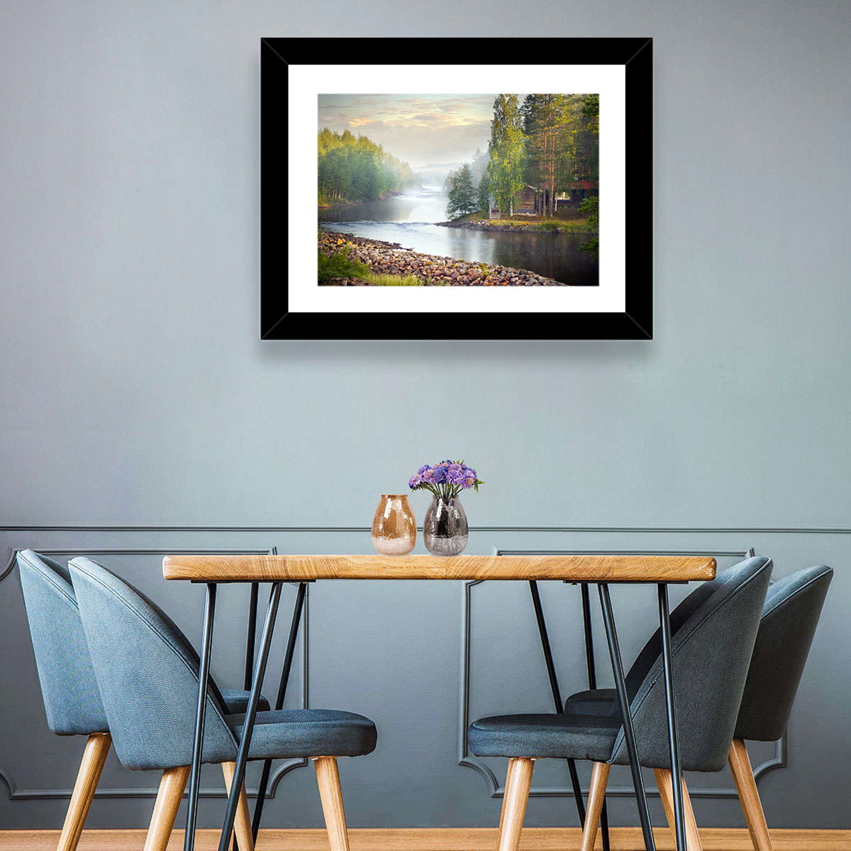 Misty River with Red Roof Cabin Wall Art