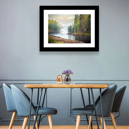 Misty River with Red Roof Cabin Wall Art