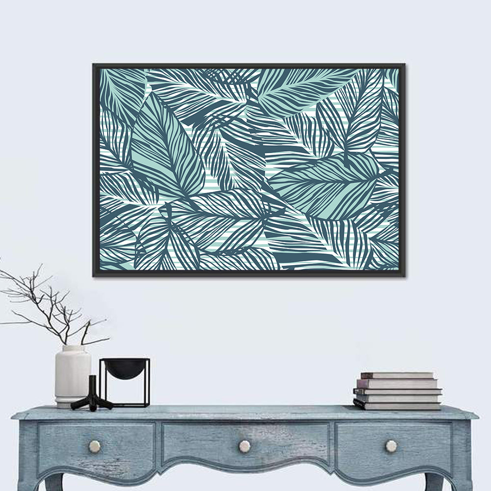 Striped Blue Palm Leaves Pattern Wall Art in a room, landscape