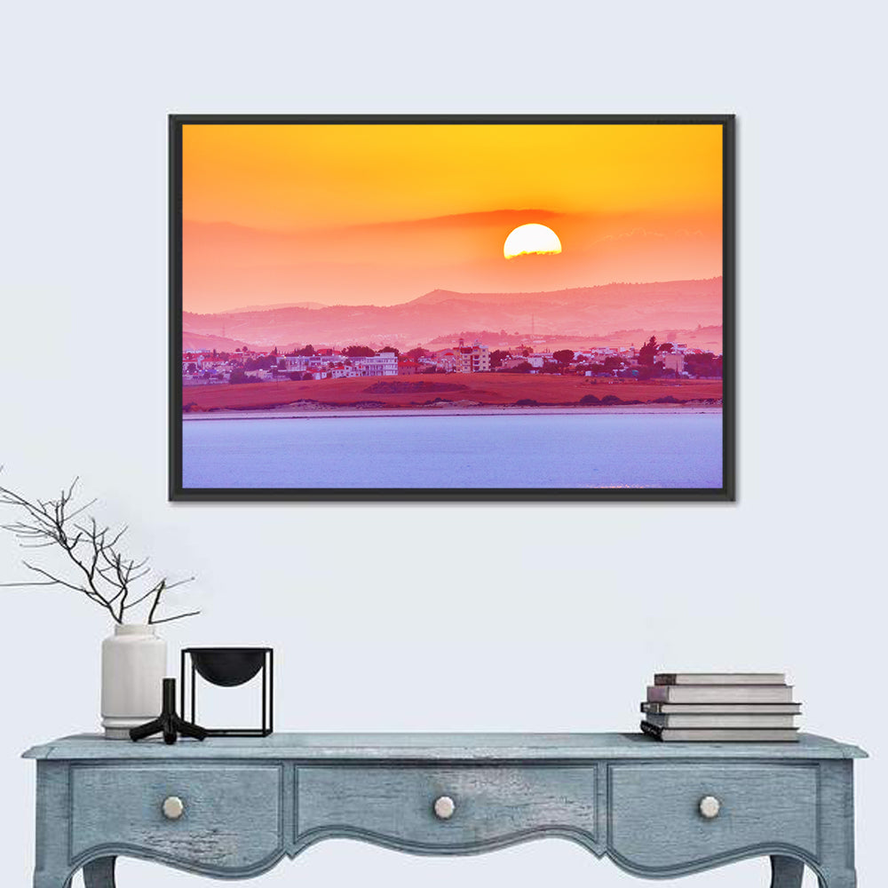 Golden Salt Lake Sunset Wall Art in a room, landscape