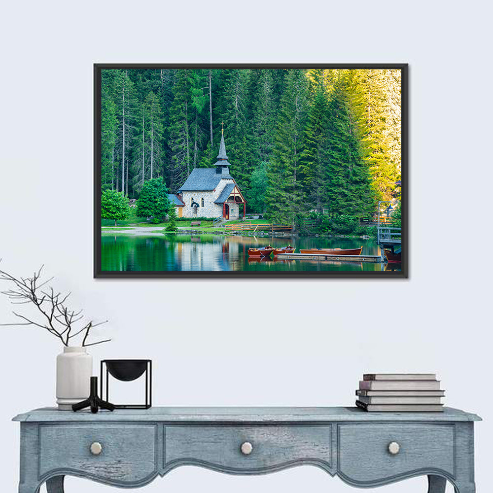 Lago Di Braies Chapel Reflection Wall Art in a room, landscape