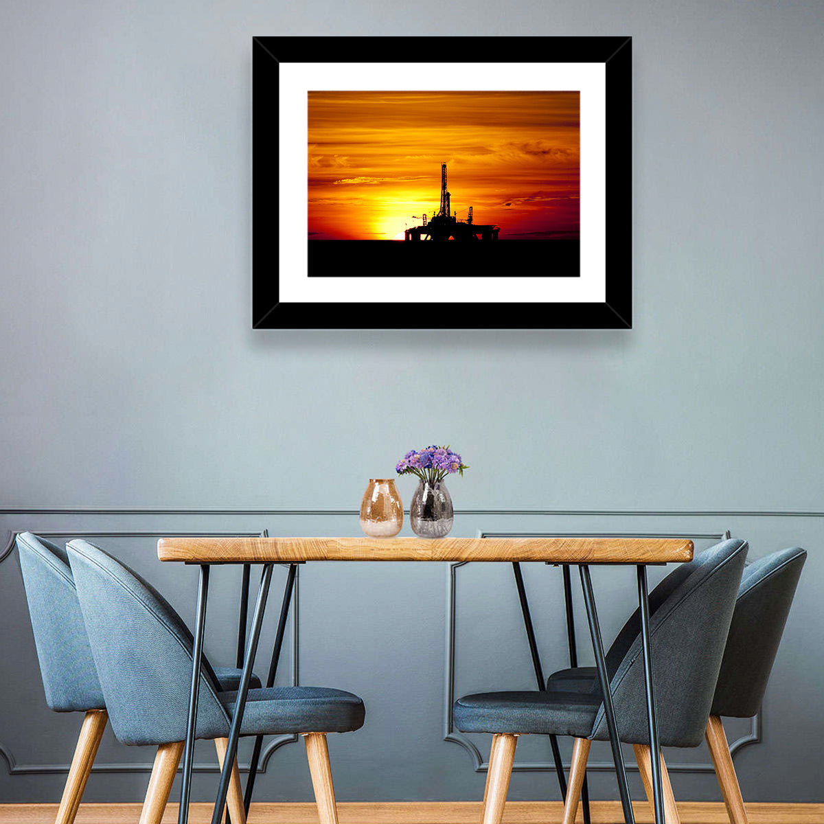 Offshore Oil Rig at Sunset Wall Art in a room, landscape