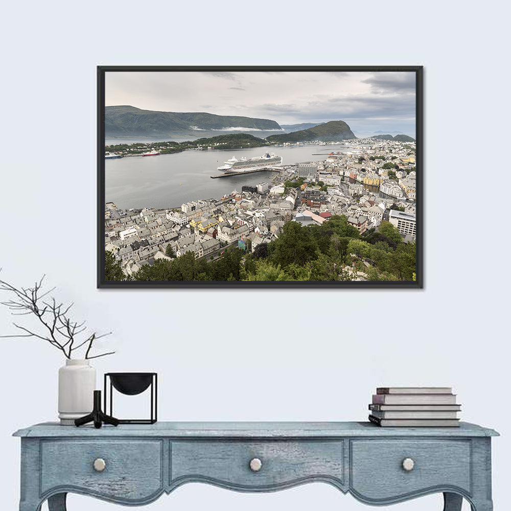 Alesund Harbor Cityscape Wall Art in a room, landscape