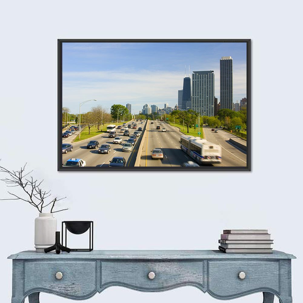 Chicago Expressway Toward Downtown Skyline Wall Art in a room, landscape