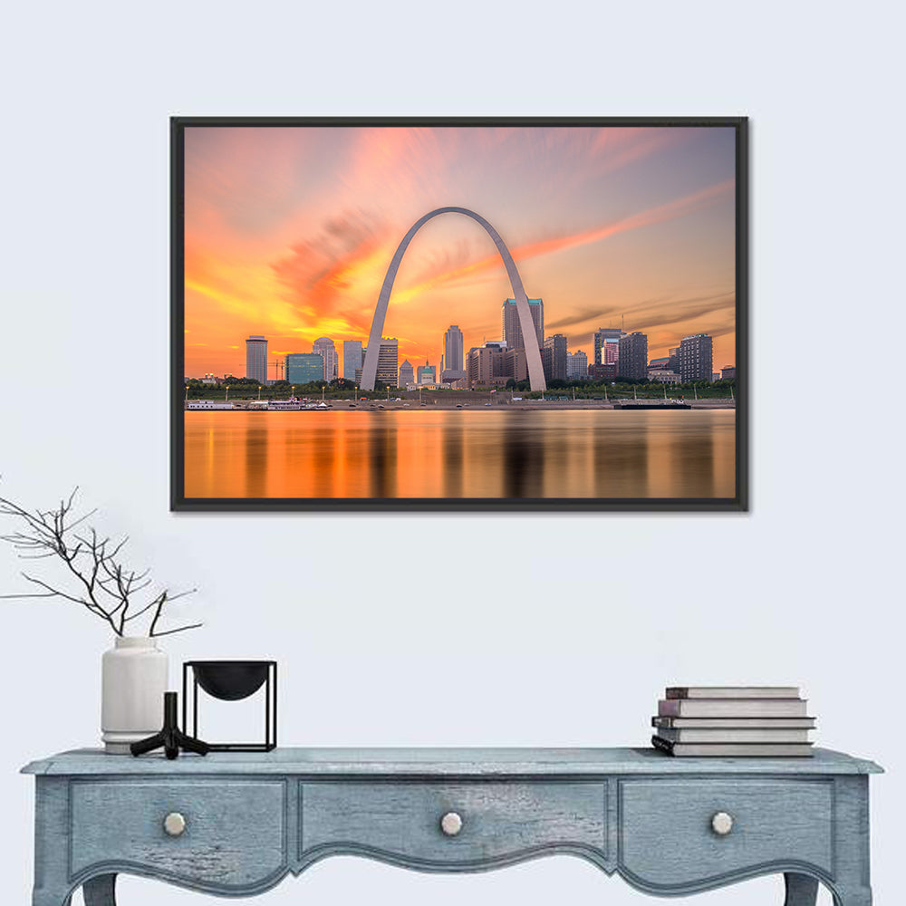 St. Louis Gateway Arch Skyline Wall Art in a room, landscape
