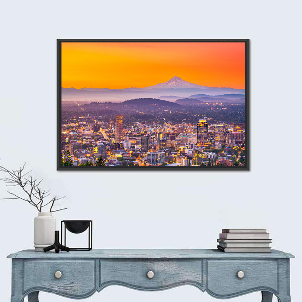 Mount Hood Over Portland Skyline Wall Art in a room, landscape
