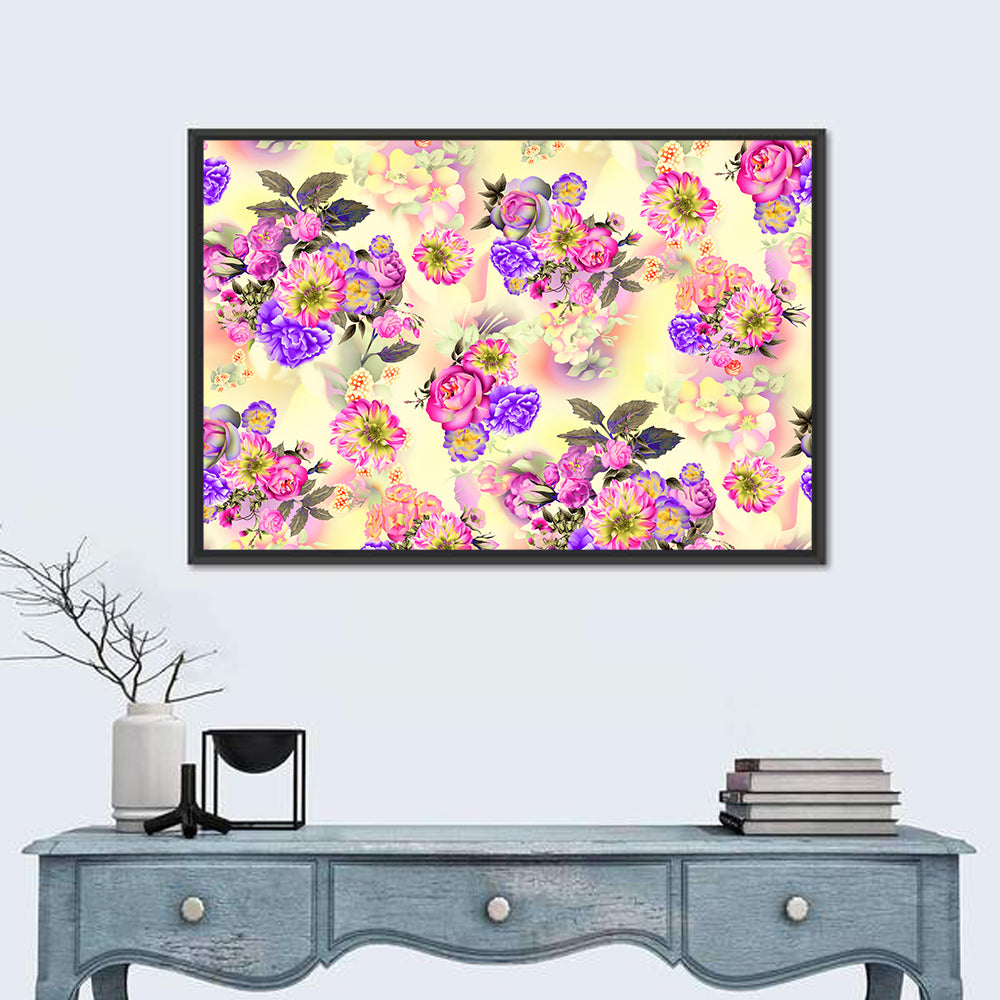 Roses and Iris Floral Pattern Wall Art in a room, landscape