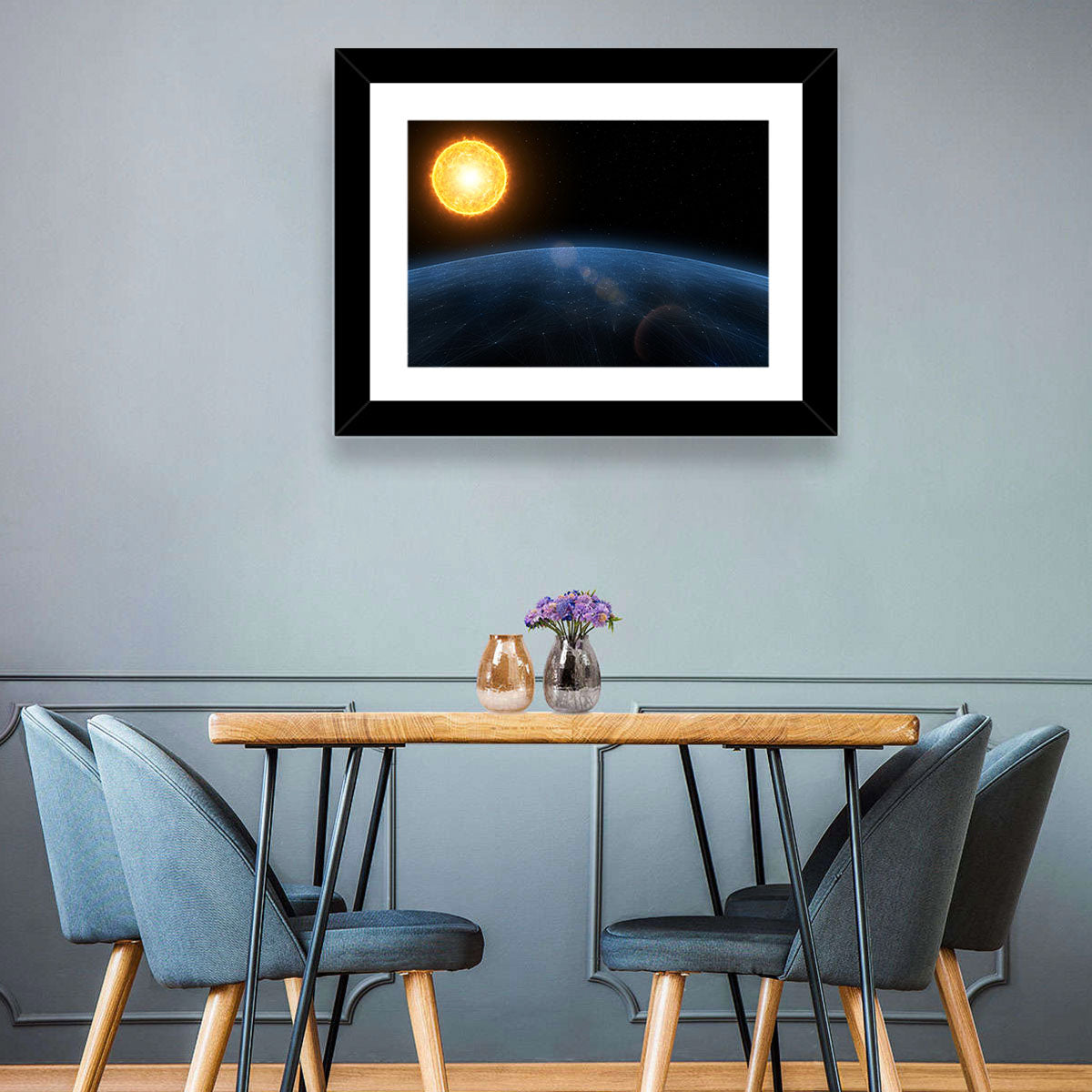 Alien Planet and Sun Wall Art in a room, landscape