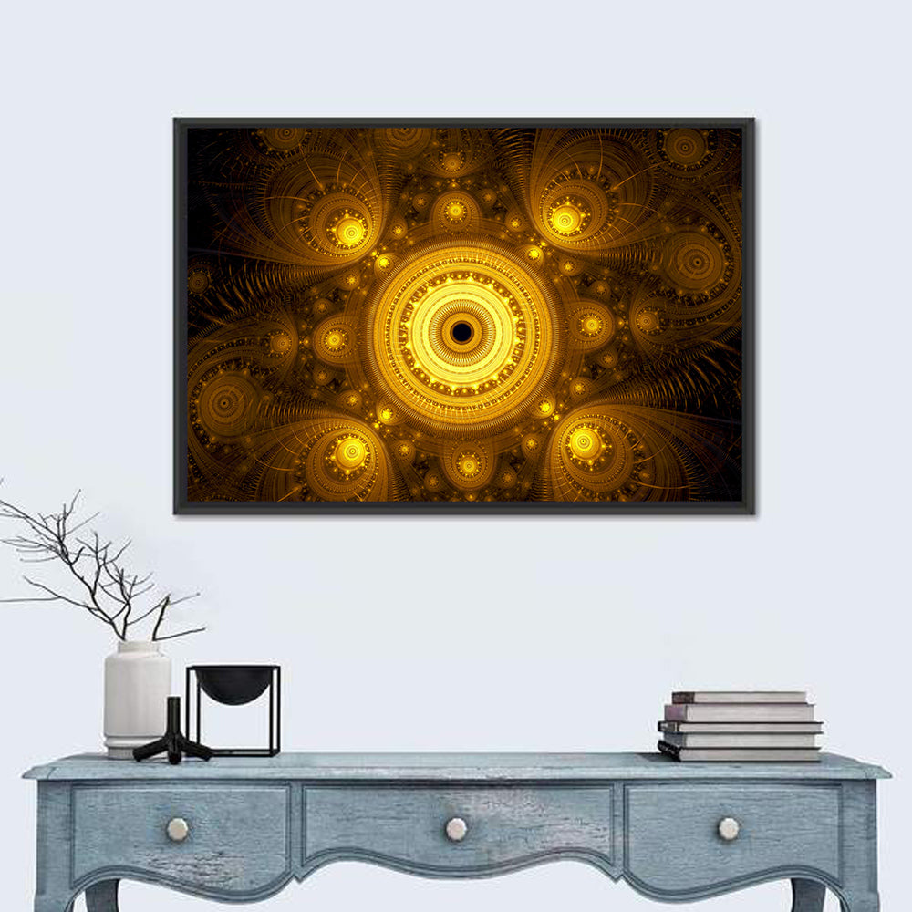 Golden Fractal Mandala Wall Art in a room, landscape