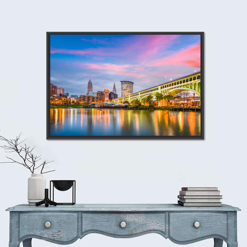 Cleveland Skyline at Dusk Wall Art in a room, landscape