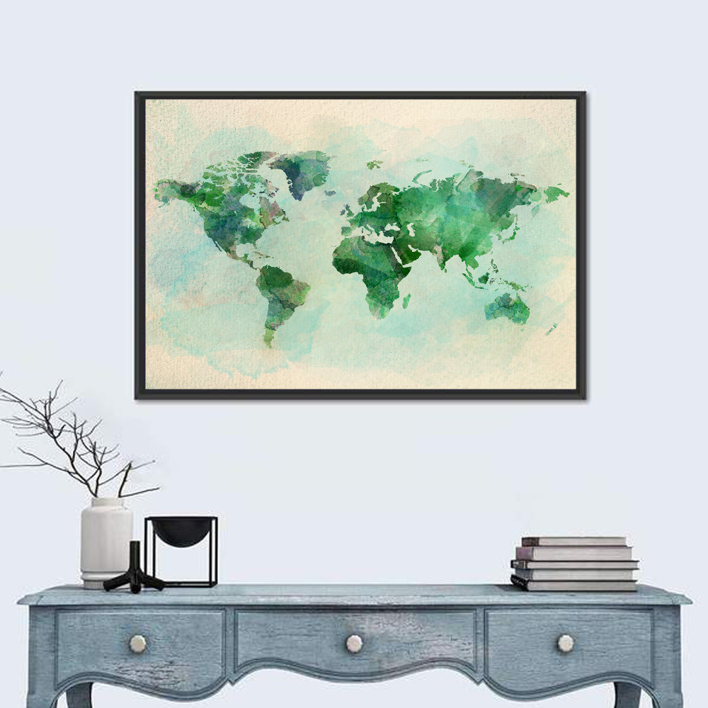Green Watercolor World Map Wall Art