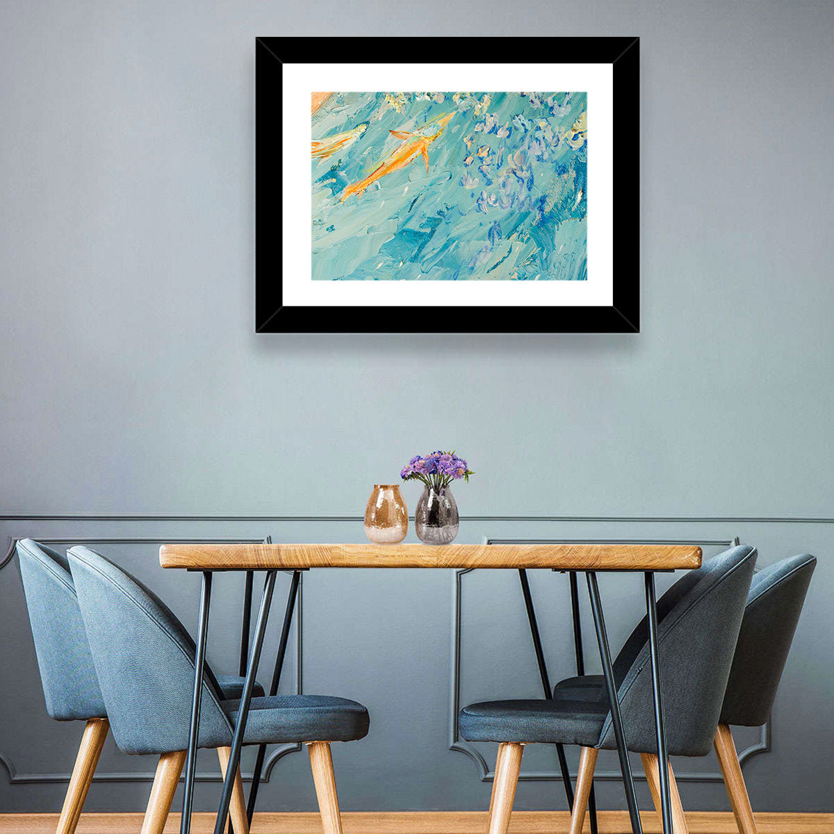 Koi in Blue Abstract Wall Art in a room, landscape