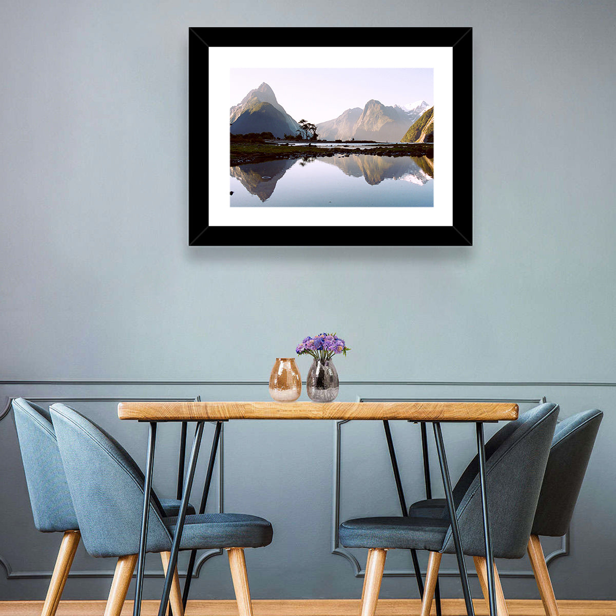 Mitre Peak Reflection at Milford Sound Wall Art in a room, landscape