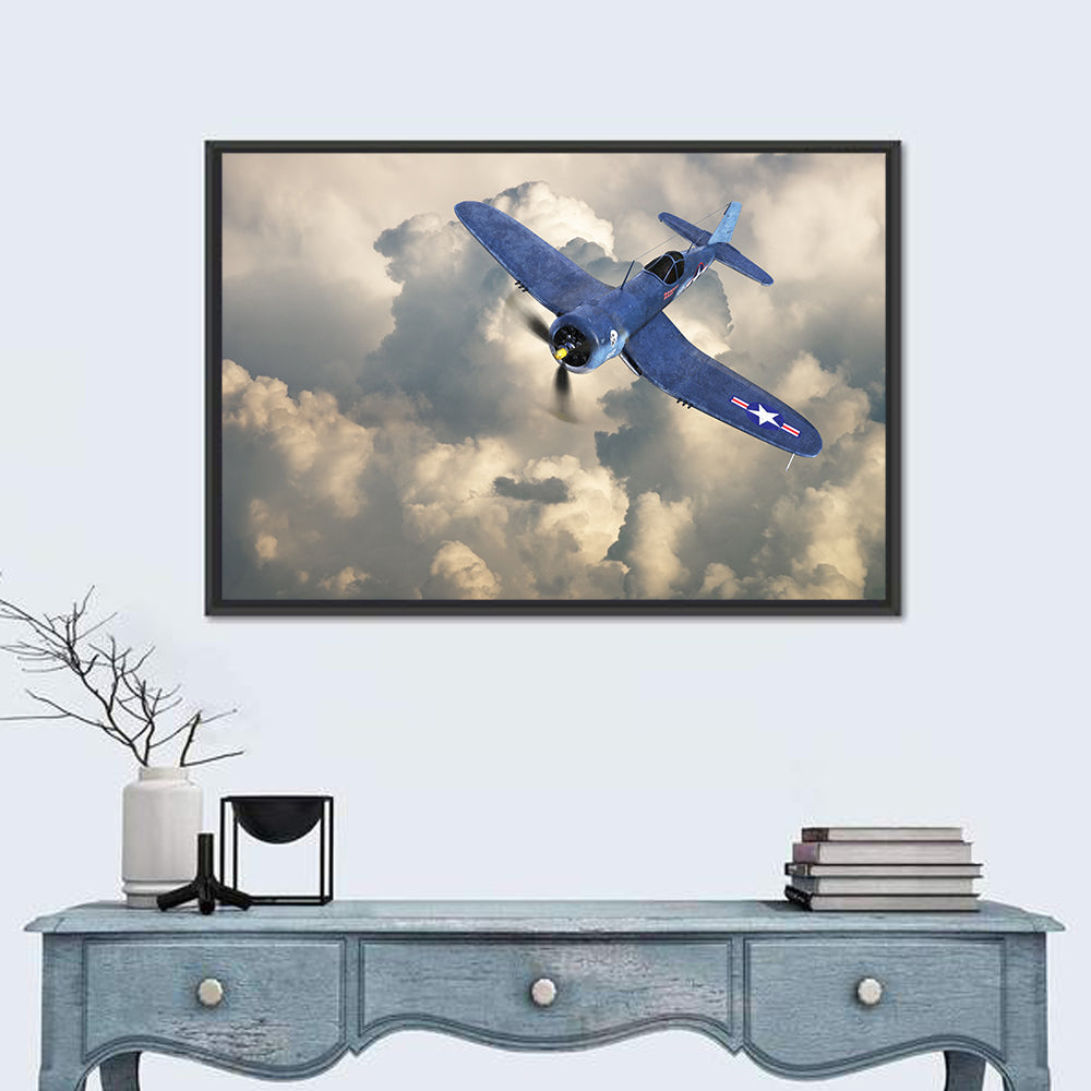Wwii Fighter Plane Over Clouds Wall Art in a room, landscape