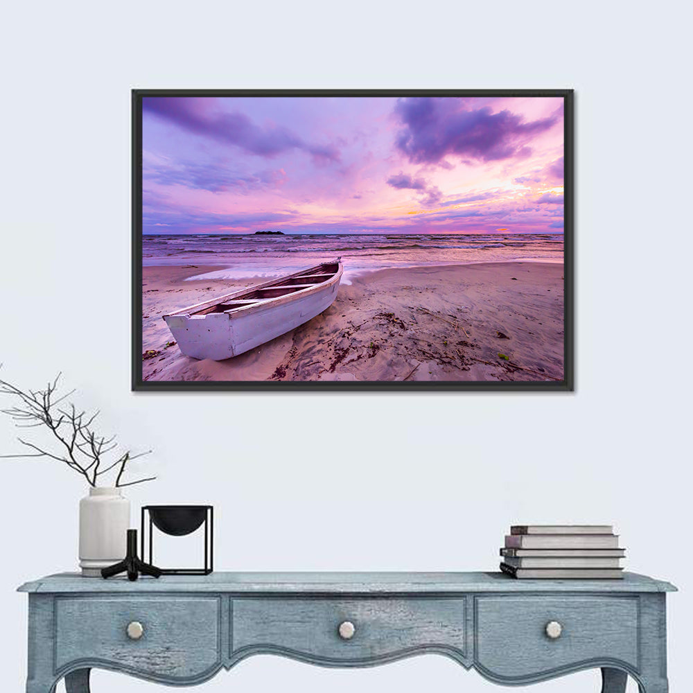 Boat at Lake Malawi Sunset Wall Art in a room, landscape