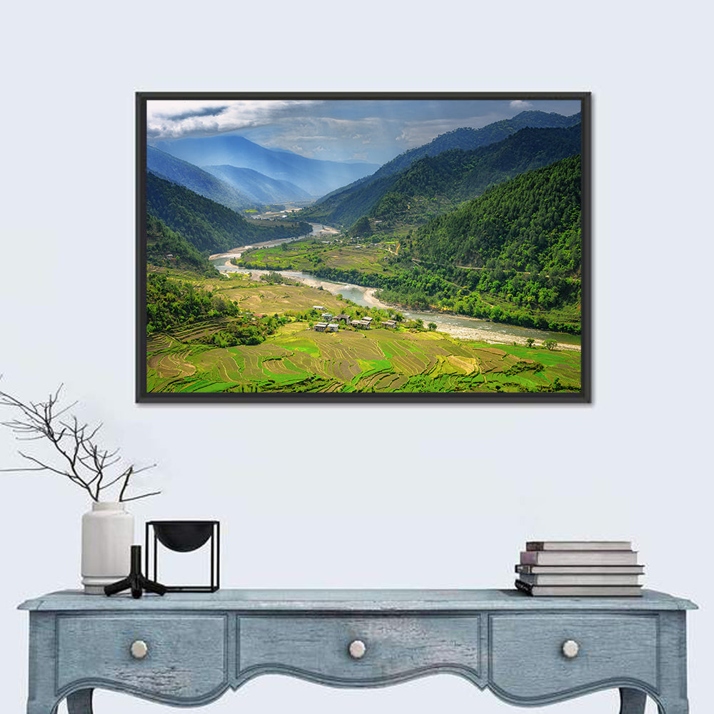 Punakha River Valley with Terraced Rice Fields Wall Art