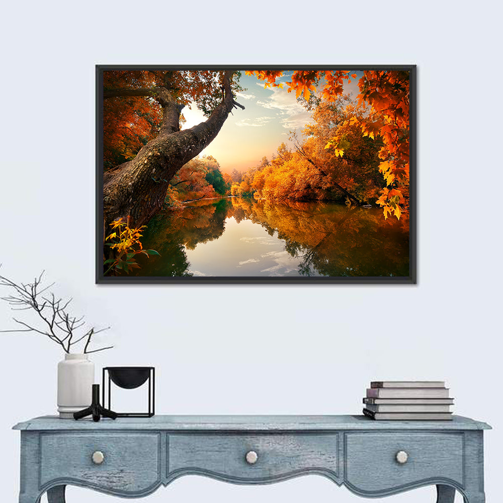 Golden Autumn River Reflections Wall Art in a room, landscape