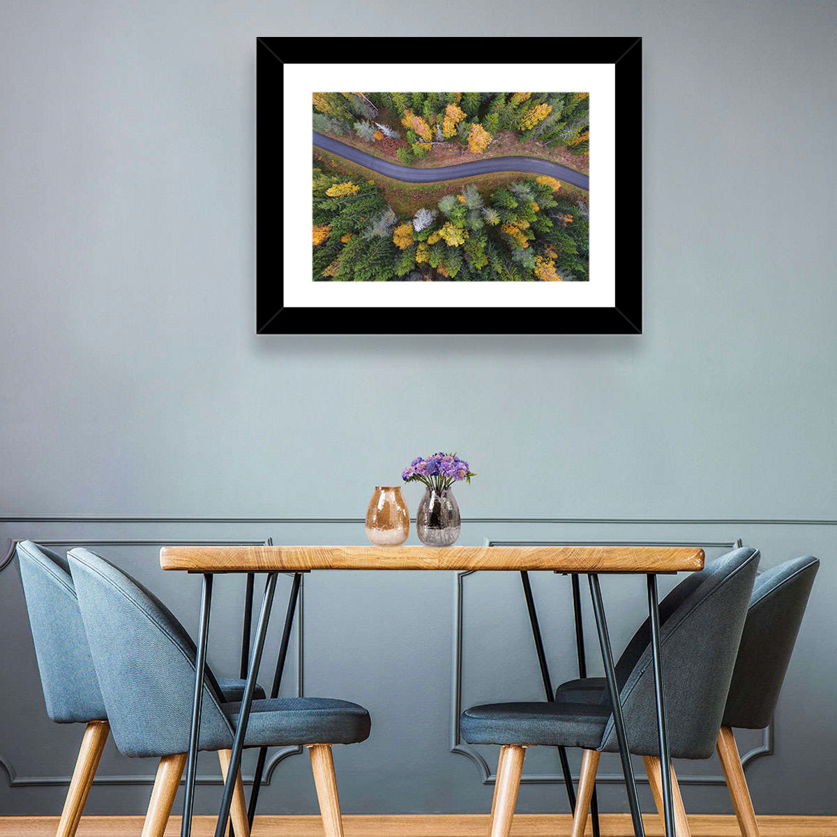 Aerial Autumn Forest Road Wall Art in a room, landscape