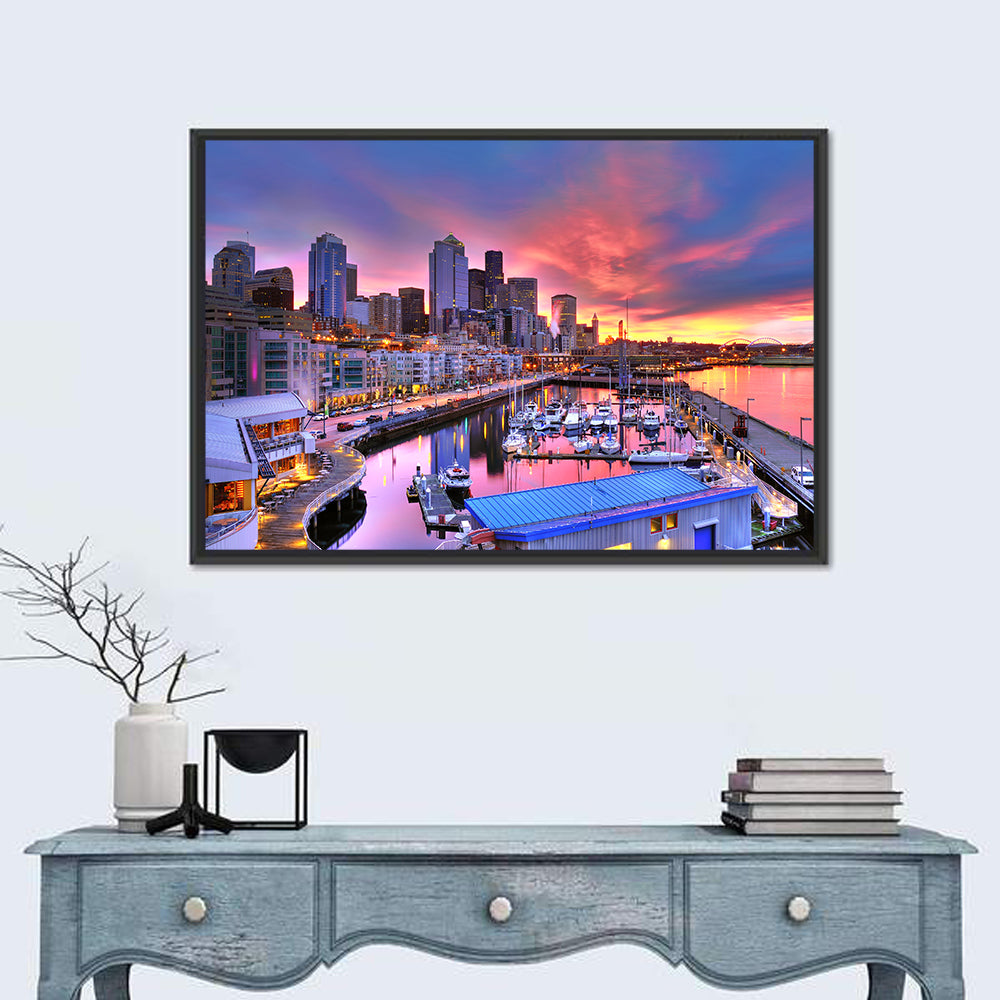 Seattle Skyline at Sunset Wall Art in a room, landscape