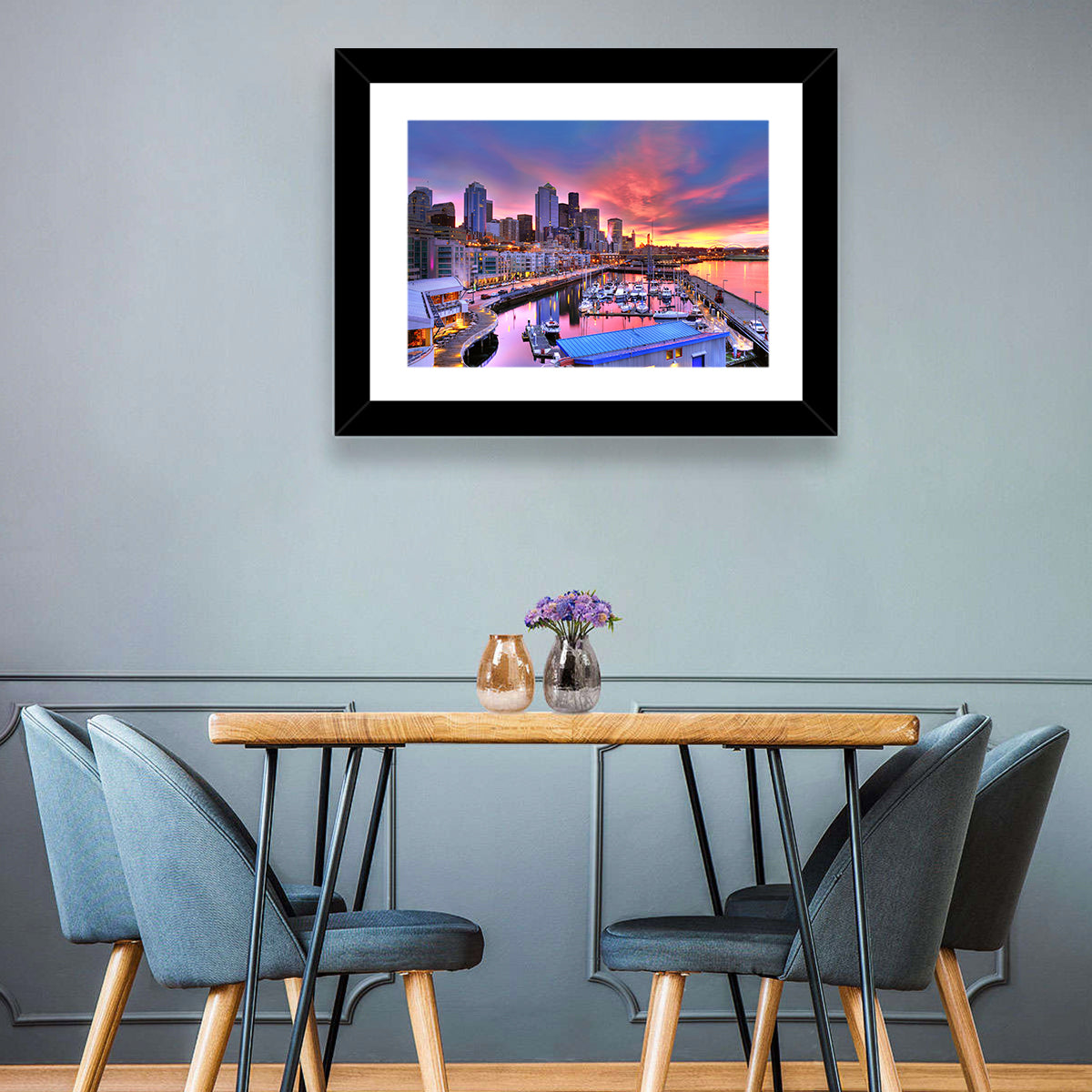 Seattle Skyline at Sunset Wall Art in a room, landscape