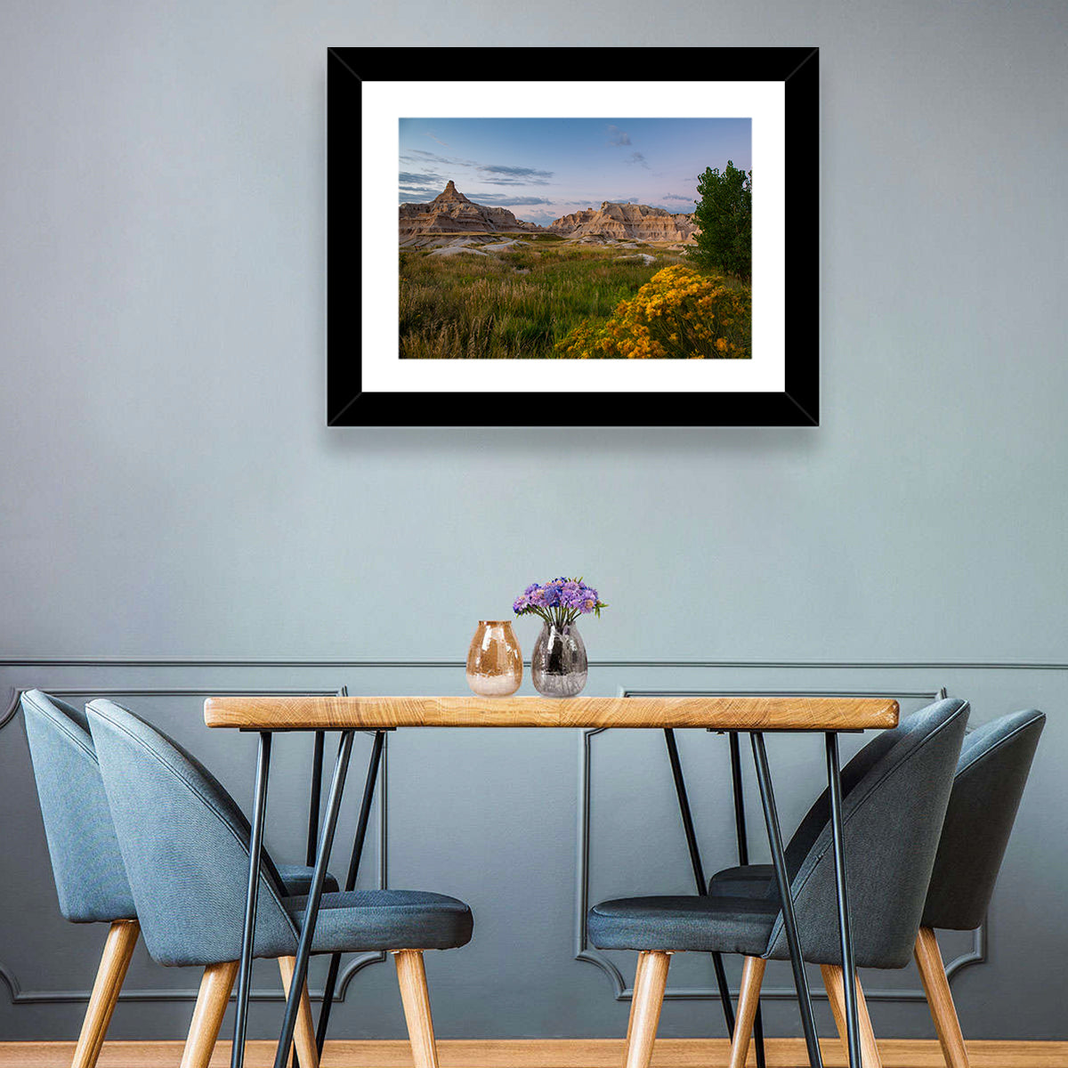 Badlands Golden Hour Meadow Wall Art in a room, landscape
