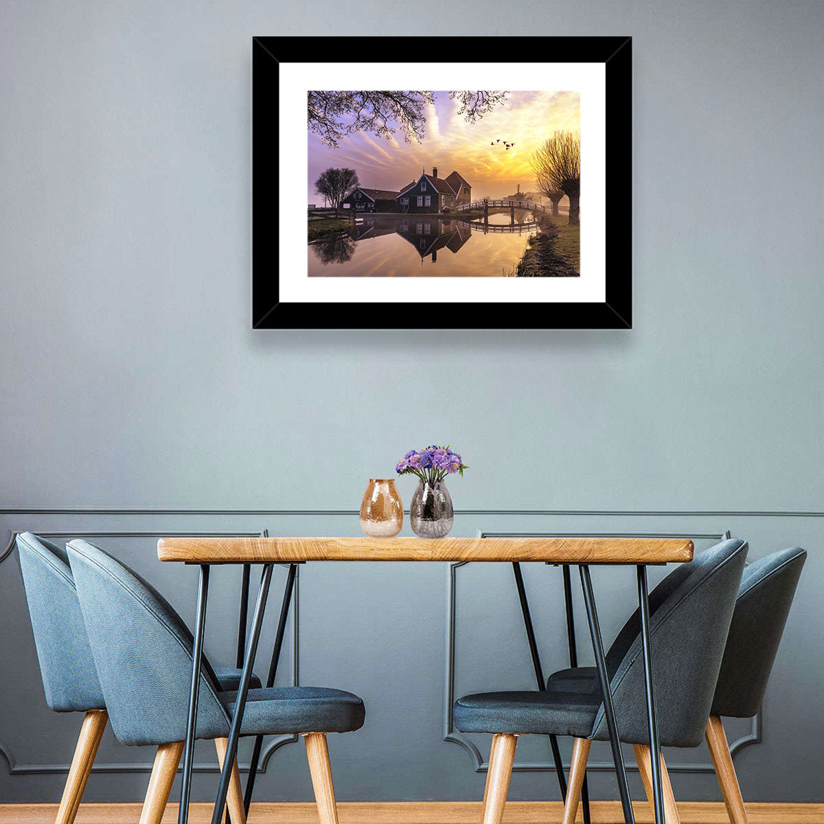 Dutch Canal House at Sunset Wall Art in a room, landscape