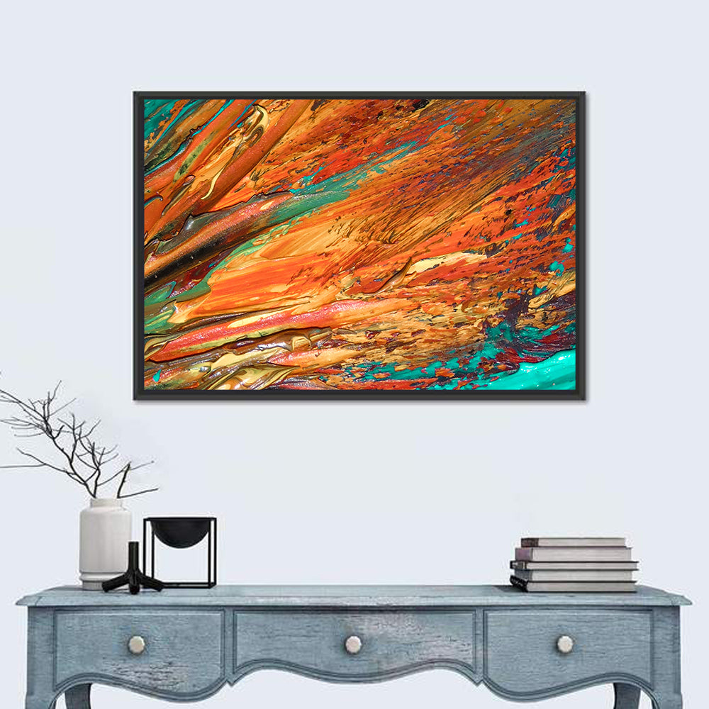 Flowing River Abstract in Orange and Teal Wall Art in a room, landscape