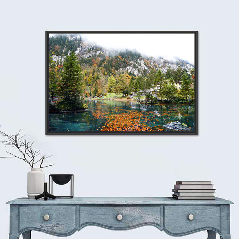 Blausee Autumn Lake Wall Art in a room, landscape