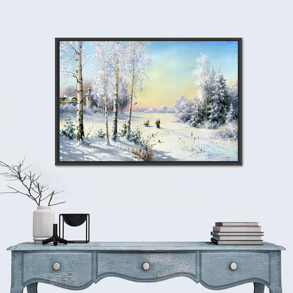 Birch-framed Winter Village Wall Art in a room, landscape