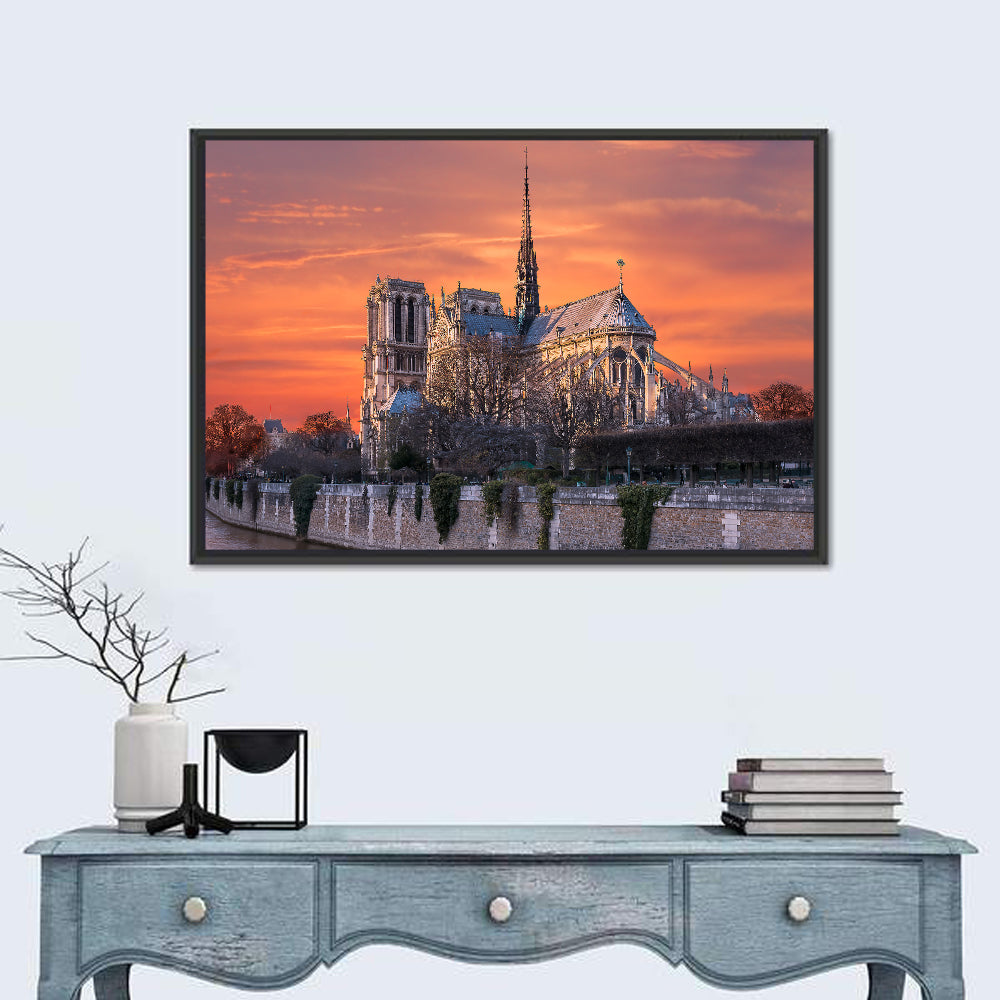 Notre-dame Cathedral at Golden Hour Wall Art in a room, landscape