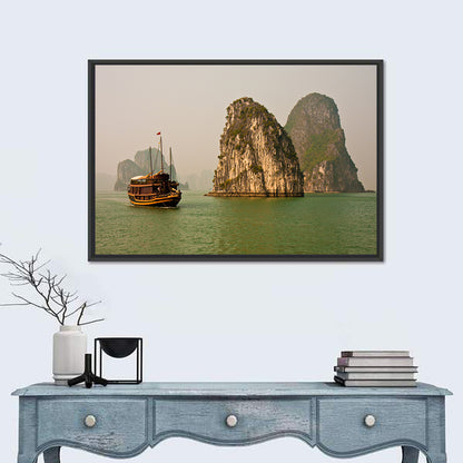 Ha Long Bay Junk Boat and Karst Cliffs Wall Art