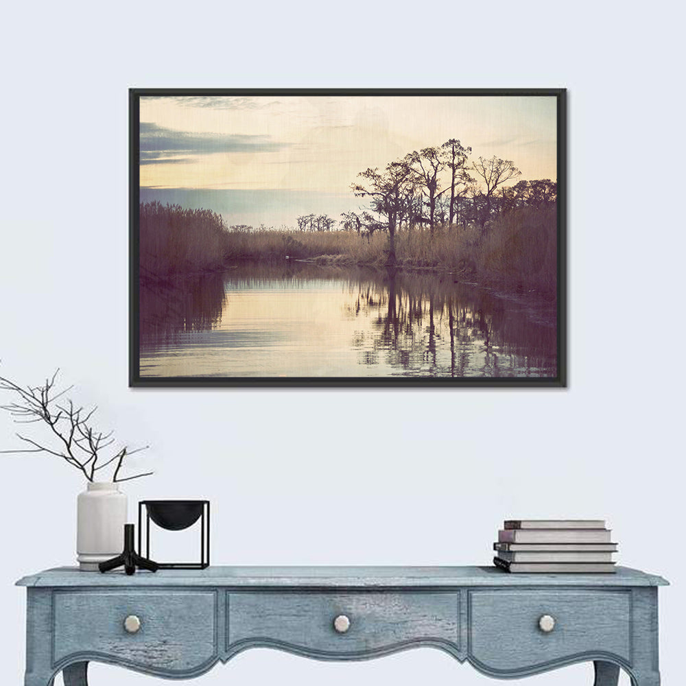 Louisiana Cypress Swamp at Dusk Wall Art in a room, landscape