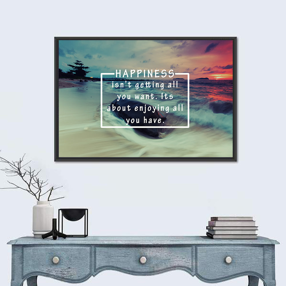 Happiness Quote on Sunset Beach Wall Art in a room, landscape